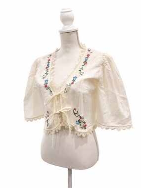 H&M Cream Embroidered Tie-Front Peasant Blouse